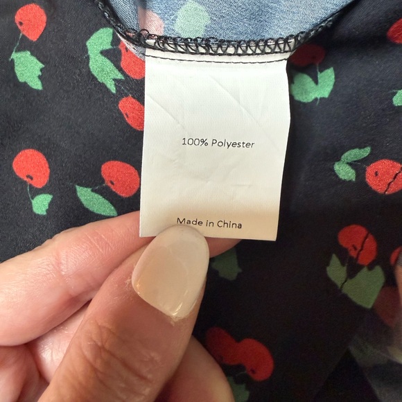 Bow Tie Neck Short Sleeve Printed Chiffon Blouse Black-Cherry SZ XL - Picture 7 of 9